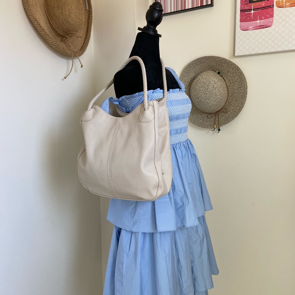 Women's Cream Leather Tote Bag - Casual Everyday Shoulder Bag